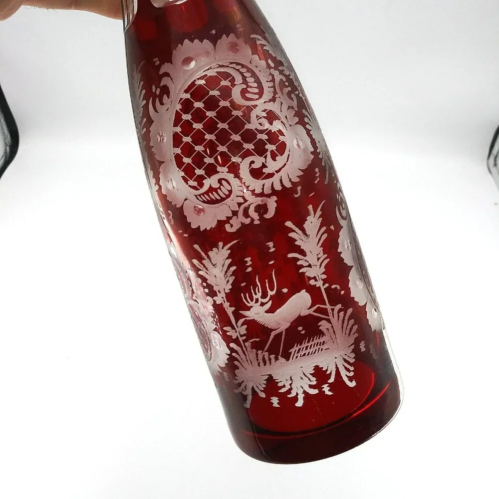 Czechoslovakia 15" Decanter Christmas Holiday Cranberry Red Crystal Cut to clear - Picture 5 of 10